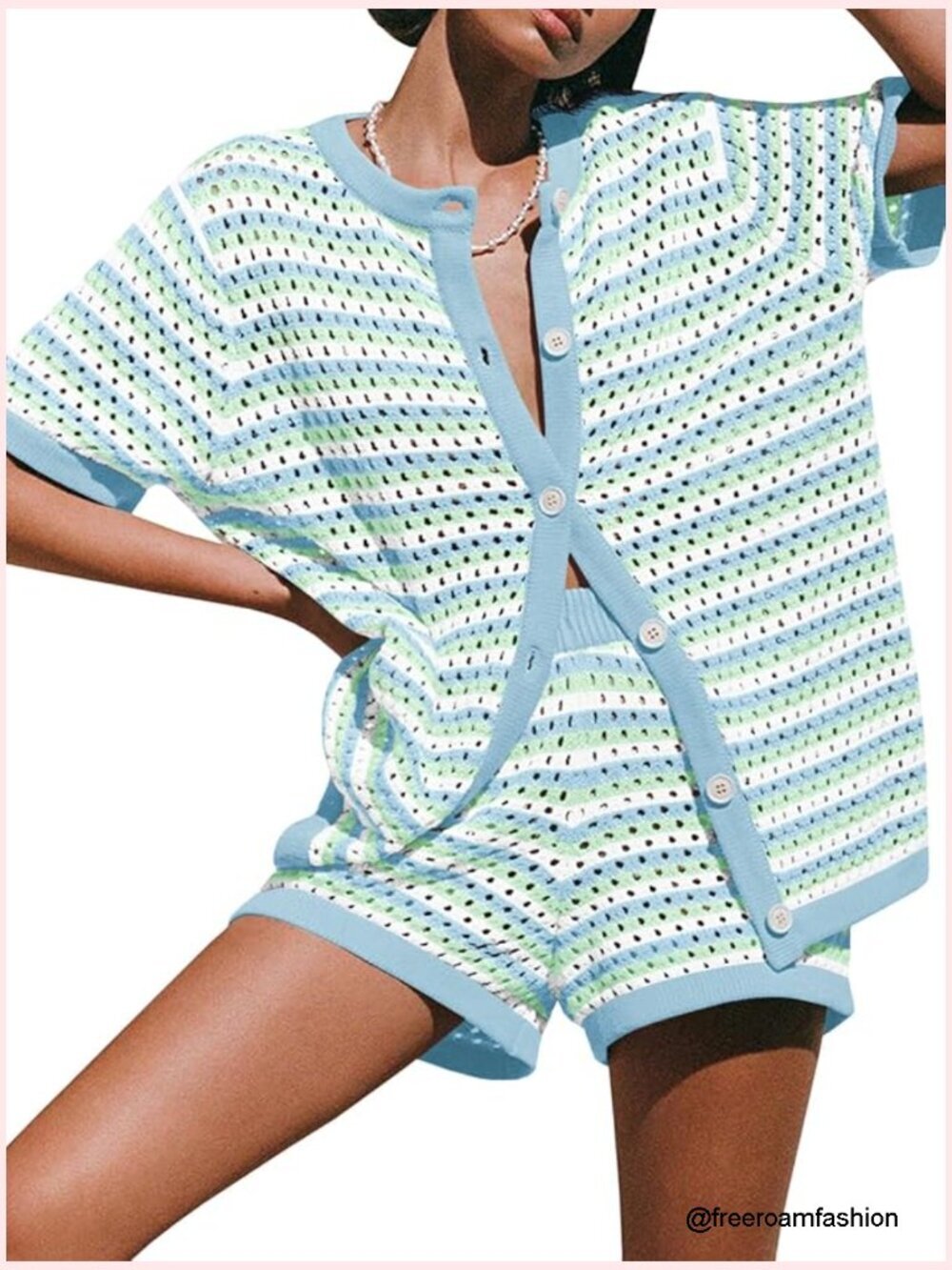 Crochet Knit 2 Piece Short Set Swimsuit Coverup Button Top Shorts